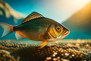 uma peixe é em pé em a de praia com uma montanha dentro a fundo. gerado por IA foto