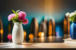 dois vasos com flores em uma mesa. gerado por IA foto