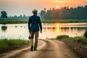 uma homem dentro uma terno anda em baixa uma sujeira estrada às pôr do sol. gerado por IA foto