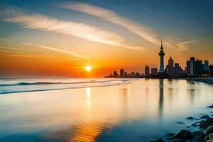 a Sol conjuntos sobre a cidade Horizonte dentro auckland, Novo zelândia. gerado por IA foto