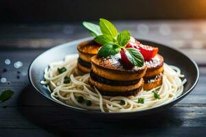 uma prato do espaguete com almôndegas e ervas. gerado por IA foto