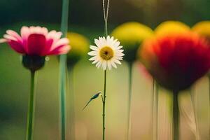 uma flor e uma pássaro estão sentado em uma corda. gerado por IA foto