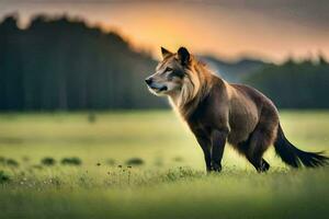 uma Lobo é em pé dentro a meio do uma campo. gerado por IA foto