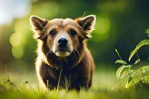 uma Castanho cachorro é em pé dentro a grama. gerado por IA foto