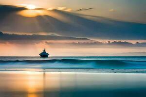 uma farol dentro a oceano às pôr do sol. gerado por IA foto