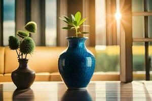 dois vasos com plantas sentado em uma mesa. gerado por IA foto