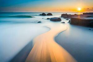 uma grandes exposição fotografia do ondas falhando para dentro a oceano. gerado por IA foto