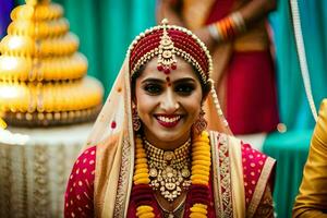 uma sorridente noiva dentro tradicional indiano traje. gerado por IA foto