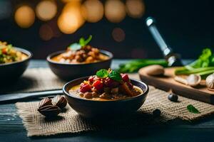 três taças do Comida em uma mesa. gerado por IA foto