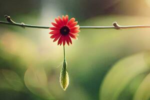 uma vermelho flor é suspensão a partir de uma arame. gerado por IA foto