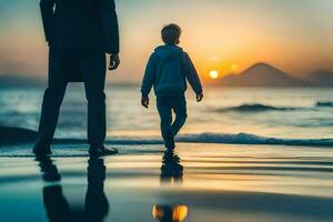 pai e filho caminhando em a de praia às pôr do sol. gerado por IA foto