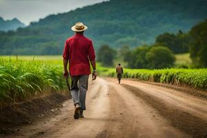 uma homem caminhando baixa uma sujeira estrada com uma trator dentro a fundo. gerado por IA foto