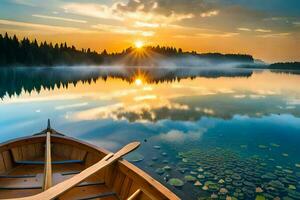 a barco é em a lago às nascer do sol. gerado por IA foto