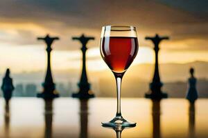 uma vidro do vinho em uma mesa dentro frente do uma xadrez borda. gerado por IA foto