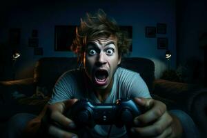 jovem homem jogando vídeo jogos às casa com grande olhos. gerar ai foto