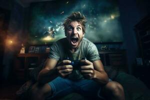 jovem homem jogando vídeo jogos às casa felicidade. gerar ai foto