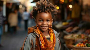 retrato do fofa africano beninês pequeno menina sorridente às a mercado dentro ouidah, benin. foto