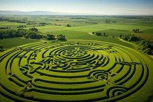 aéreo Visão do intrincado colheita círculos e padrões em exuberante terras agrícolas foto