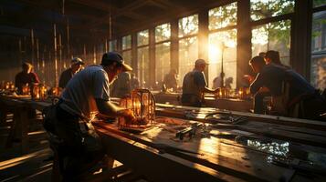 construção trabalhadores às a cidade construção local dentro a tarde luz, a urbano desenvolvimento e construção progresso conceito, ai generativo foto