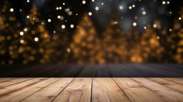fechar-se do uma luz Castanho de madeira mesa com uma Natal árvore dentro uma embaçado inverno noite fundo, ideal para produtos posicionamento dentro a festivo feriado temporada, ai generativo foto
