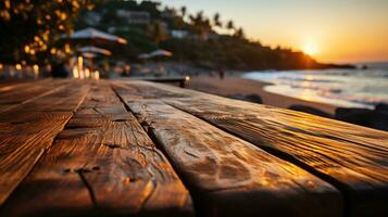 fechar-se do uma luz Castanho de madeira mesa com uma pôr do sol às a de praia embaçado fundo, ideal para produtos posicionamento dentro uma beira-mar marketing conceito, ai generativo foto