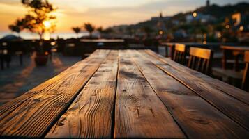 fechar-se do uma luz Castanho de madeira mesa com uma pôr do sol às a de praia embaçado fundo, ideal para produtos posicionamento dentro uma beira-mar marketing conceito, ai generativo foto