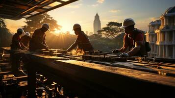 construção trabalhadores às a cidade construção local dentro a tarde luz, a urbano desenvolvimento e construção progresso conceito, ai generativo foto