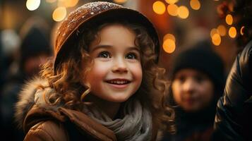 sorridente menina às inverno Natal mercado, delicioso momento Como ela admira Natal enfeites no meio a caloroso brilho do Natal noite luzes, inverno noite, ai generativo foto