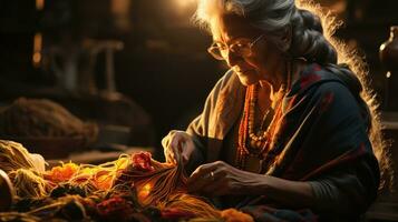 moderno tradicional herança arte, fechar-se do idosos indiano mulher tricô tradicional tecido dentro tarde luz - abraçando arte e cultural herança, ai generativo foto