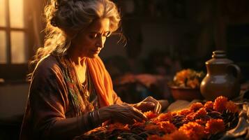 moderno tradicional herança arte, fechar-se do idosos indiano mulher tricô tradicional tecido dentro tarde luz - abraçando arte e cultural herança, ai generativo foto