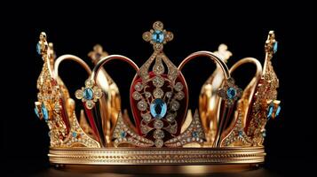 detalhado rainha coroa fez do ouro isolado em a avião fundo, decorado com precioso jóias foto