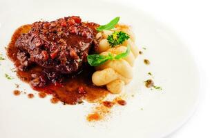 carne medalhão bife com amassado batata foto