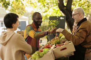 idosos fornecedor dando maçã amostra para masculino cliente, cliente tentando Fora bio orgânico fresco frutas e legumes. Senior vendedor pequeno o negócio proprietário vendendo orgânico eco produtos às Fazenda ficar em pé. foto