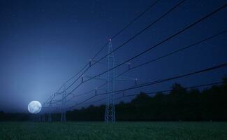 elétrico rede interligado rede usava para eletricidade Entrega com poder linhas sobre cheio lua noite céu. industrial energia transmissão pilone com elétrico cabos, 3d render animação foto