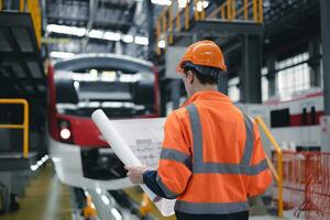 elétrico trem engenheiro mecânico funcionários trabalhador com Projeto plano para manutenção cronograma Verifica trem corrida serviço dentro trem fábrica oficina. foto