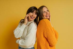 fechar acima retrato do dois bonita mulher dentro acolhedor blusas posando sobre amarelo fundo. outono e inverno moda tendências. foto