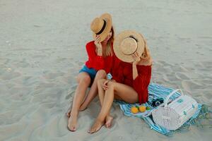dois bonita mulheres dentro vermelho verão equipamento abd Palha chapéus desfrutando piquenique em a de praia. verão humor. foto