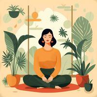 ai gerado plano ilustração do uma senhora fazendo meditando com plantas dentro a casa. conceito ilustração para meditação, ioga, relaxamento, saudável estilo de vida. foto