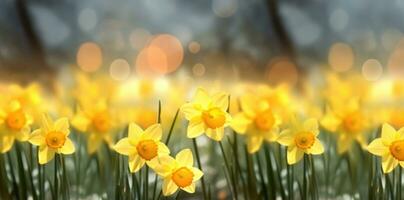 amarelo narcisos dentro frente do uma luz fundo. bokeh panorama. ai generativo foto