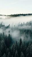 uma topo Visão do uma floresta com uma branco névoa rolando sobre a Copa das árvores. foto