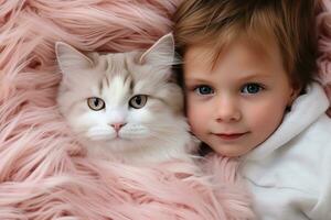bebê e gatinho jogando com gato em a cobertor foto