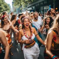 uma grupo dançarinos entre a multidão em a rua foto