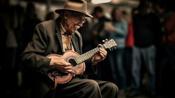 músico tocam guitarra em a rua entre uma multidão do pessoas foto