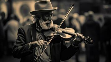 músico tocam a violino em a rua entre uma multidão do pessoas foto