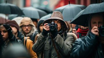 fotógrafo com uma Câmera entre uma multidão do pessoas em a rua foto