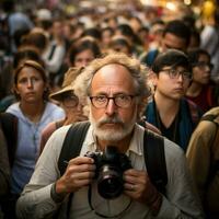 fotógrafo com uma Câmera entre uma multidão do pessoas em a rua foto