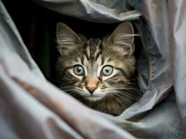 adorável gatinho espreitar Fora a partir de atrás uma cortina ai generativo foto