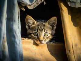 adorável gatinho espreitar Fora a partir de atrás uma cortina ai generativo foto