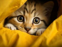 adorável gatinho espreitar Fora a partir de atrás uma cortina ai generativo foto