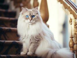 majestoso gato com impressionante azul olhos sentado regiamente em uma Escadaria ai generativo foto